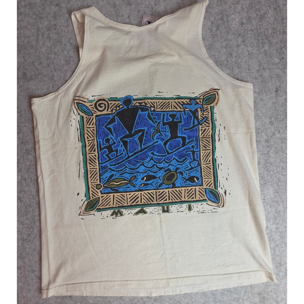 Vintage Maui Hawaii Tank Top 80s 90s Surf Shirt Delta Cotton Graphic Cream M